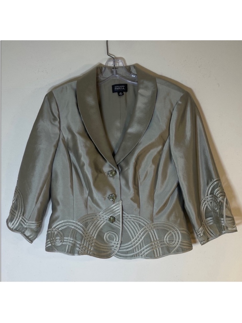 NEW! Adrianna Papell Silk Satin Jacket with Swirl Embellishment Design. 14P.